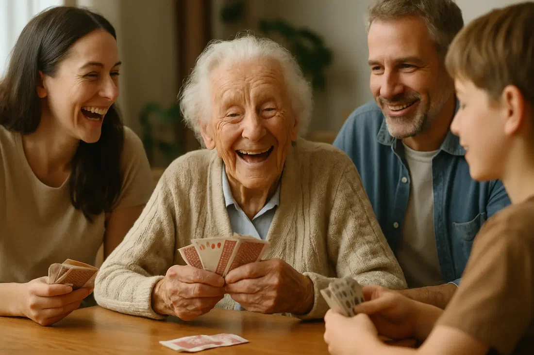 Illustration générée par IA d&rsquo;une personne très âgée au sourire vif, entourée de proches, animée d&rsquo;une activité du quotidien dans une lumière chaleureuse