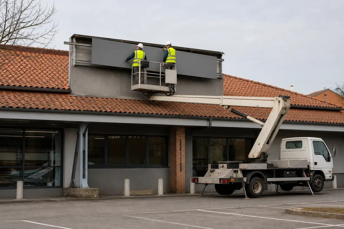 Illustration générée par IA d'une façade de supermarché de quartier dont des ouvriers sur une nacelle démontent un panneau d'enseigne vierge