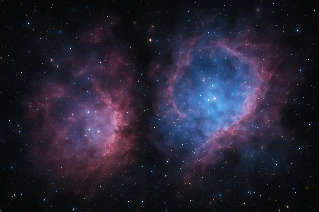 Illustration générée par IA de nuages de gaz roses et bleus parsemés d&rsquo;étoiles, évoquant les nébuleuses de l&rsquo;espace profond.