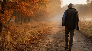 Illustration générée par IA d'un homme d'une soixantaine d'années, vu de dos, marchant sur un chemin de campagne dans la lumière d'un matin d'automne, une veste sur les épaules
