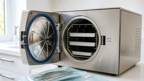 Illustration générée par IA d'un stérilisateur de cabinet dentaire à la porte ouverte, posé à côté de sachets d'instruments emballés sur un plan de travail blanc
