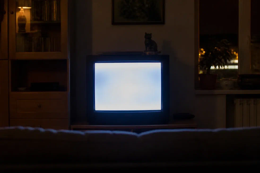 Illustration générée par IA d&rsquo;un téléviseur allumé dans un salon sombre, vu de dos, le soir