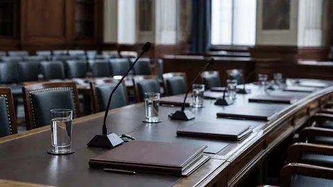 Illustration générée par IA d'une salle d'audition parlementaire vide, avec une longue table, des micros et des dossiers posés sous une lumière froide