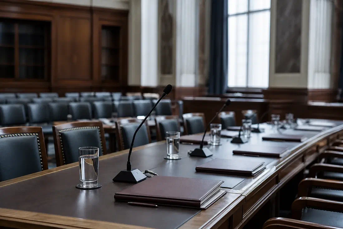 Illustration générée par IA d'une salle d'audition parlementaire vide, avec une longue table, des micros et des dossiers posés sous une lumière froide