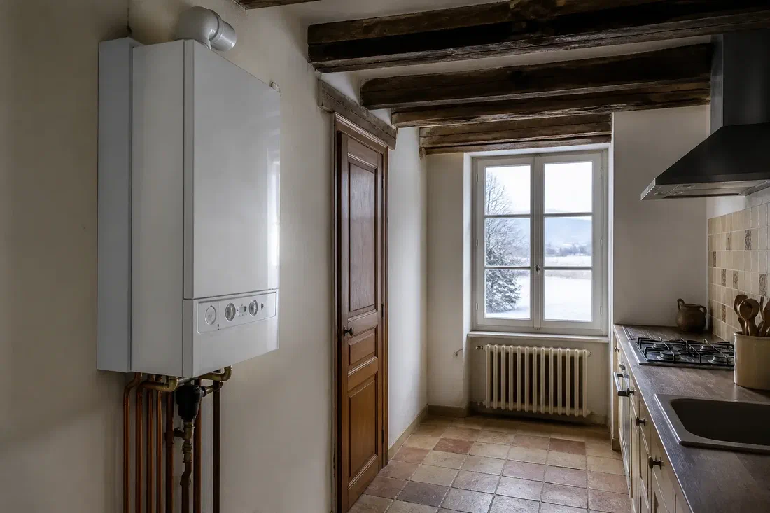 Illustration générée par IA d'une chaudière murale à gaz dans une cuisine de maison ancienne, en hiver, avec une fenêtre enneigée en arrière-plan