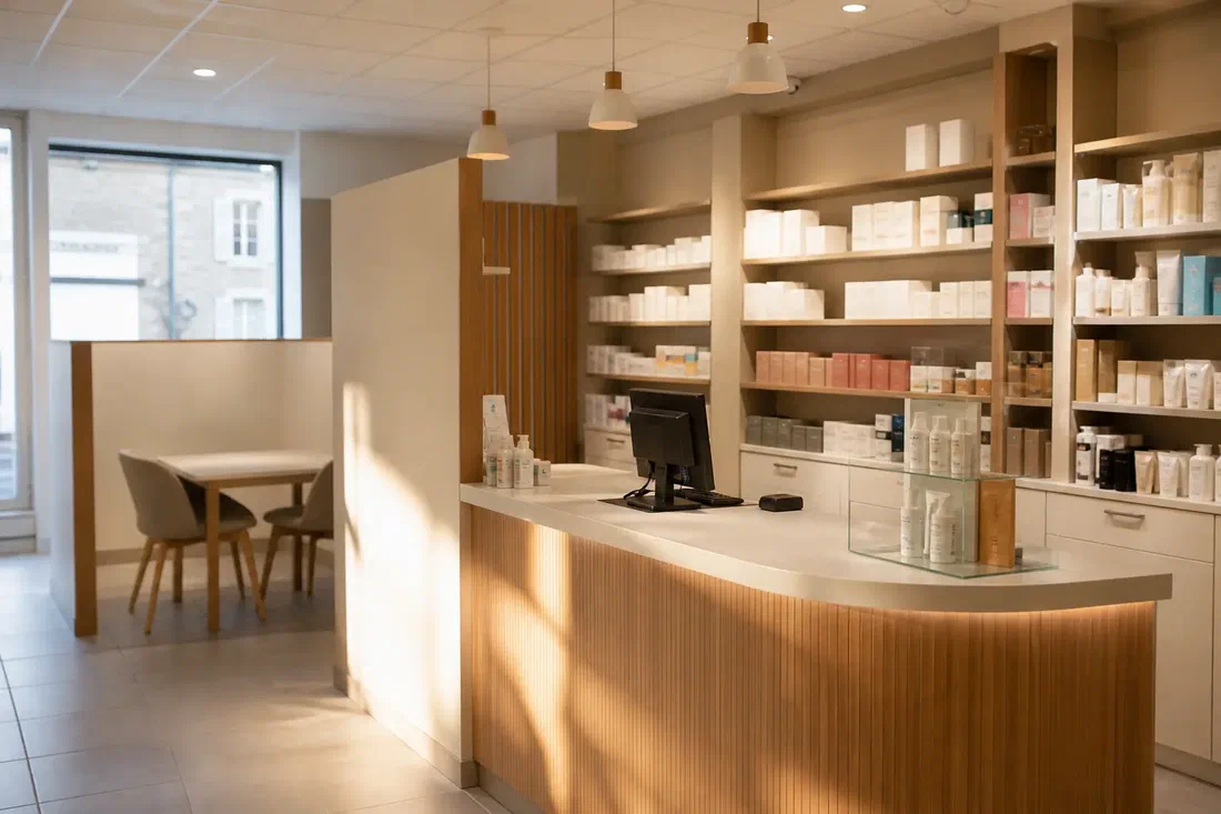 Illustration générée par IA d'un comptoir de pharmacie de bourg en fin de journée, avec un petit espace de consultation séparé par une cloison