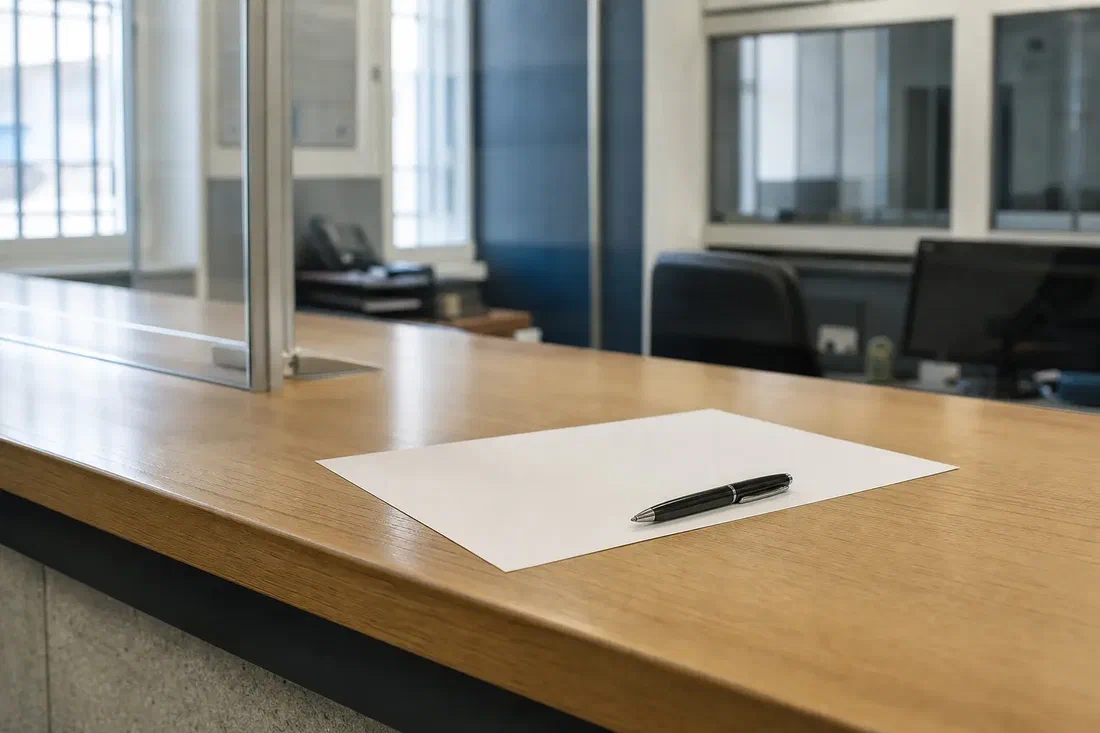 Illustration générée par IA d'un guichet d'accueil de commissariat vide, avec un formulaire vierge et un stylo posés sur le comptoir