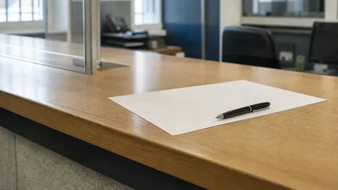 Illustration générée par IA d'un guichet d'accueil de commissariat vide, avec un formulaire vierge et un stylo posés sur le comptoir