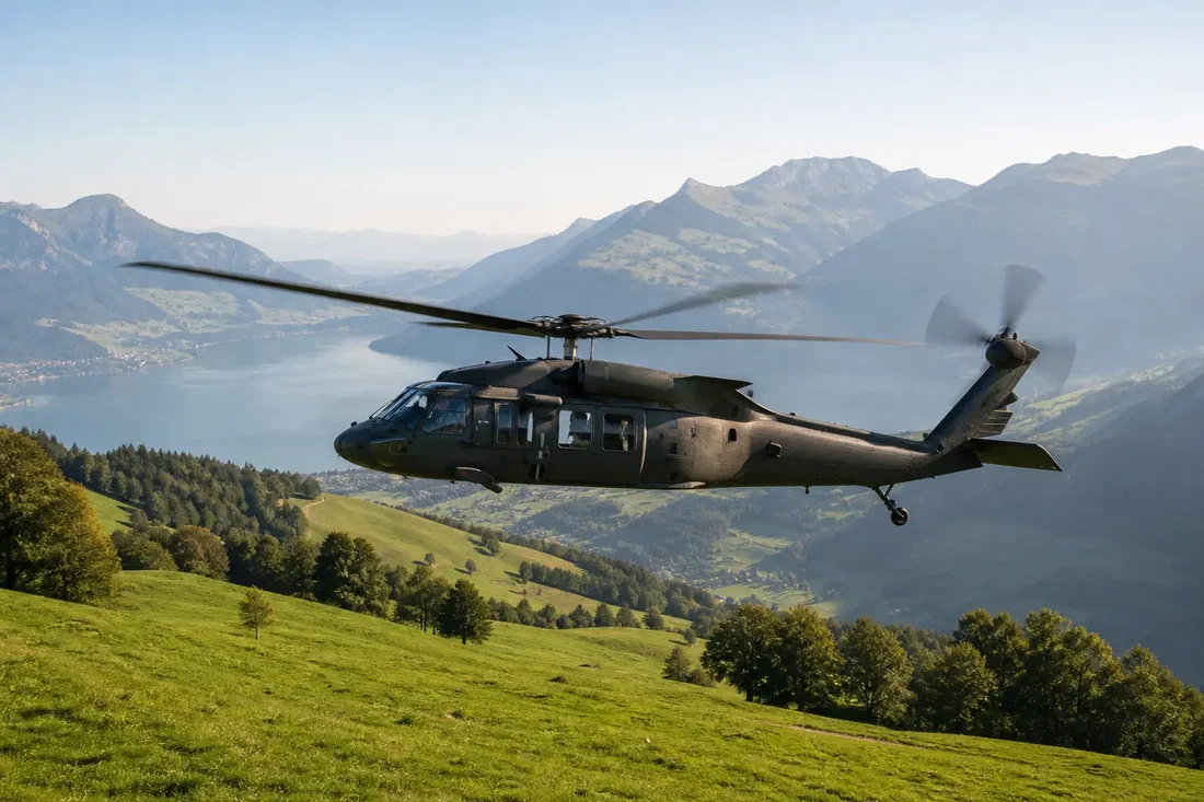 Illustration générée par IA : Lors d'un essai en hélicoptère, une méthode suisse retrouve et mesure deux sources radioactives collées l'une à l'autre