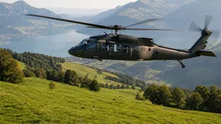 Illustration générée par IA : Lors d'un essai en hélicoptère, une méthode suisse retrouve et mesure deux sources radioactives collées l'une à l'autre