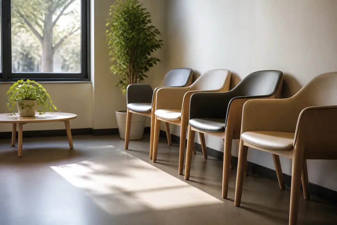 Illustration générée par IA d'une salle d'attente vide dans un centre de consultation, des chaises alignées sous la lumière du matin